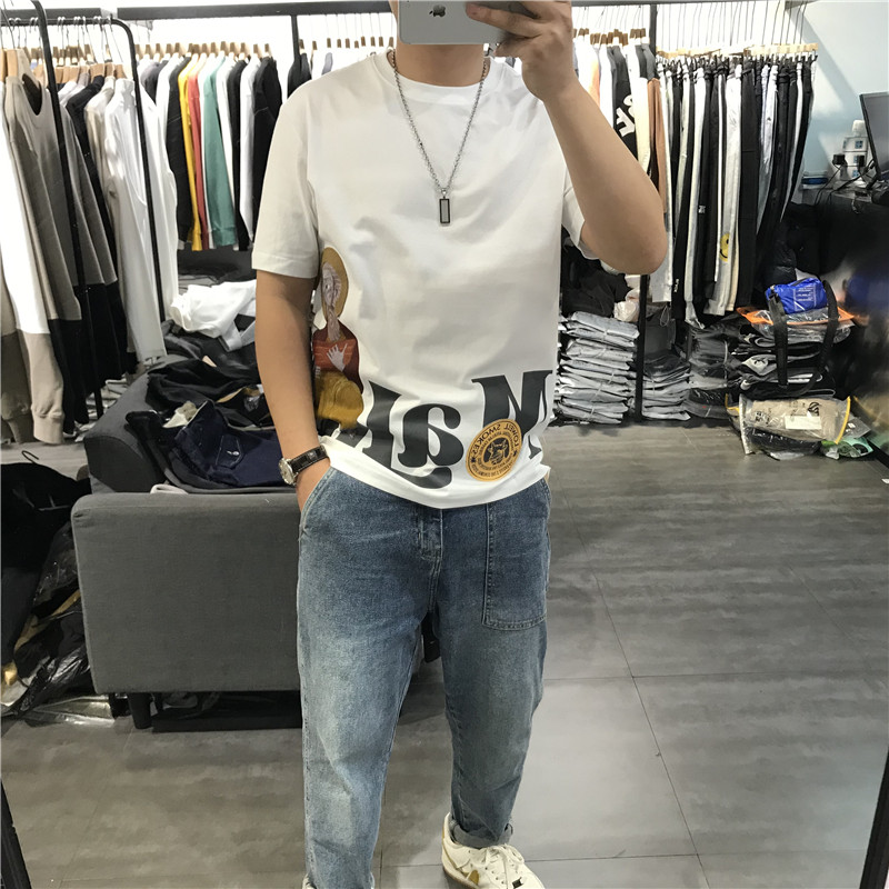 2022夏季新款男士短袖T恤个性人头大字母刺绣油画上衣时尚潮宽松