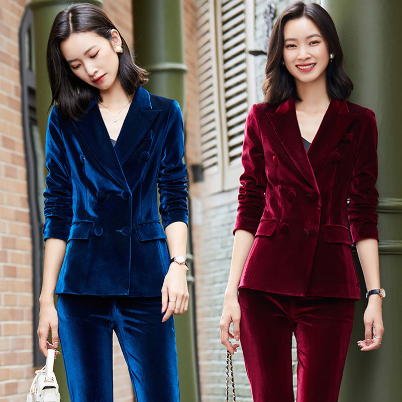 长袖金丝绒面料西装女装外套职业女裤套装高档职业女裤套装