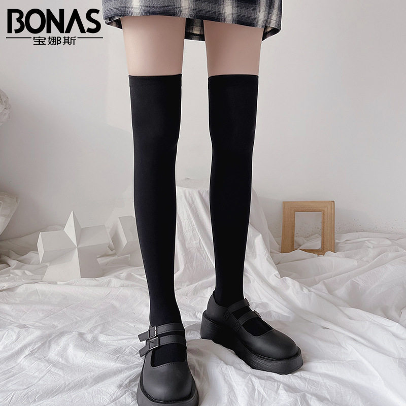 宝娜斯日系中筒筒袜小腿长筒美腿过膝黑色jk中筒袜