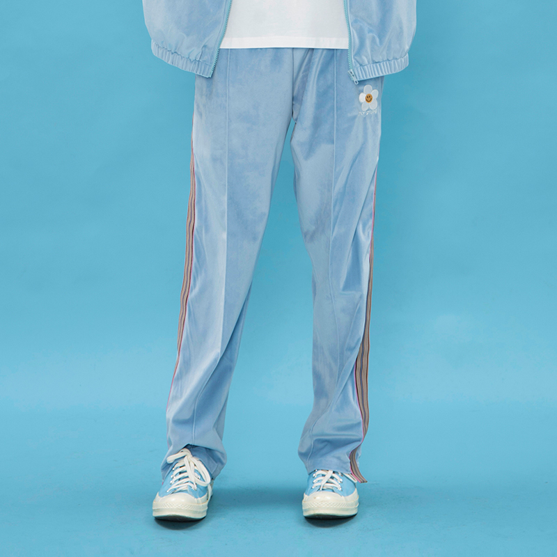 【Oxy潮牌店】丝绒小花织带长裤国潮直筒垂坠感高腰休闲裤子