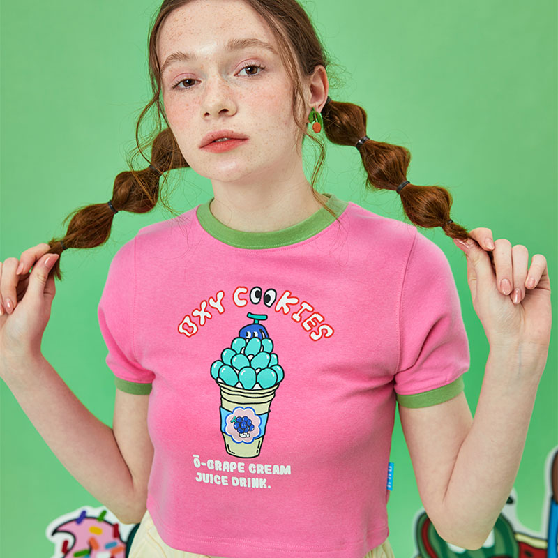 【Oxy潮牌店】粉色拼接可爱上衣修身显瘦短款T恤2022新款bm风短袖