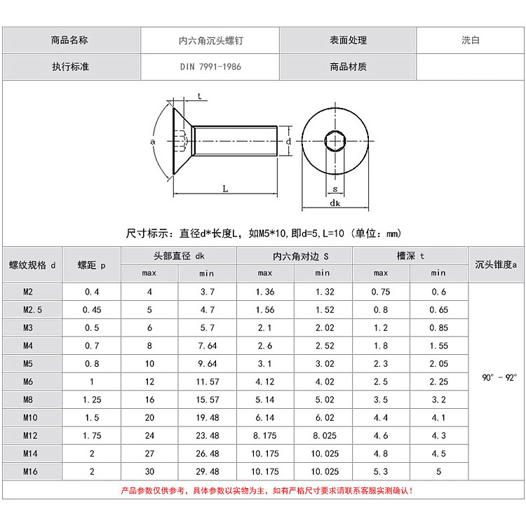 不锈钢沉头六角螺丝din7991平杯螺钉m3m4m5m6m8m10螺钉