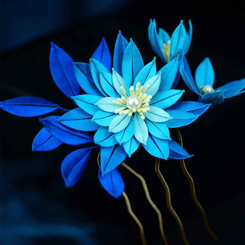 发饰手工新品汉服春仔花缠花发diy套件蓝汐苏绣