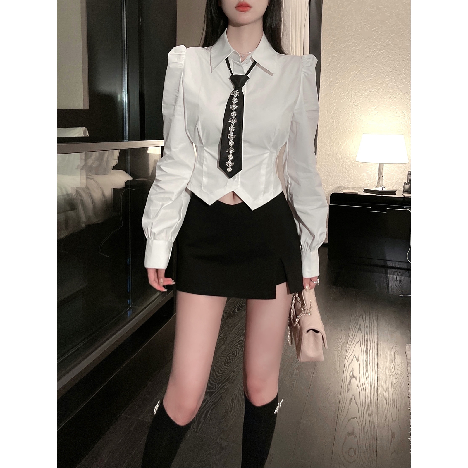 FairyJiang 黑色半身裙女秋冬小个子设计感显瘦防走光开衩a字短裙