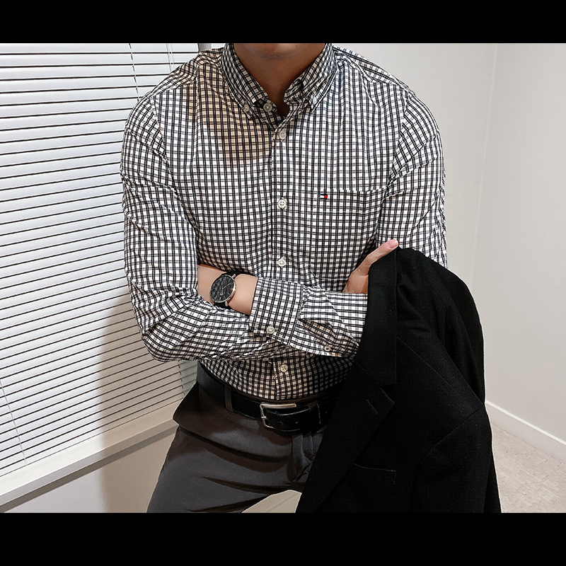 TOMMY HILFIGER 男士新商务修身长袖衬衫slim百搭格子纯棉 TM1-69