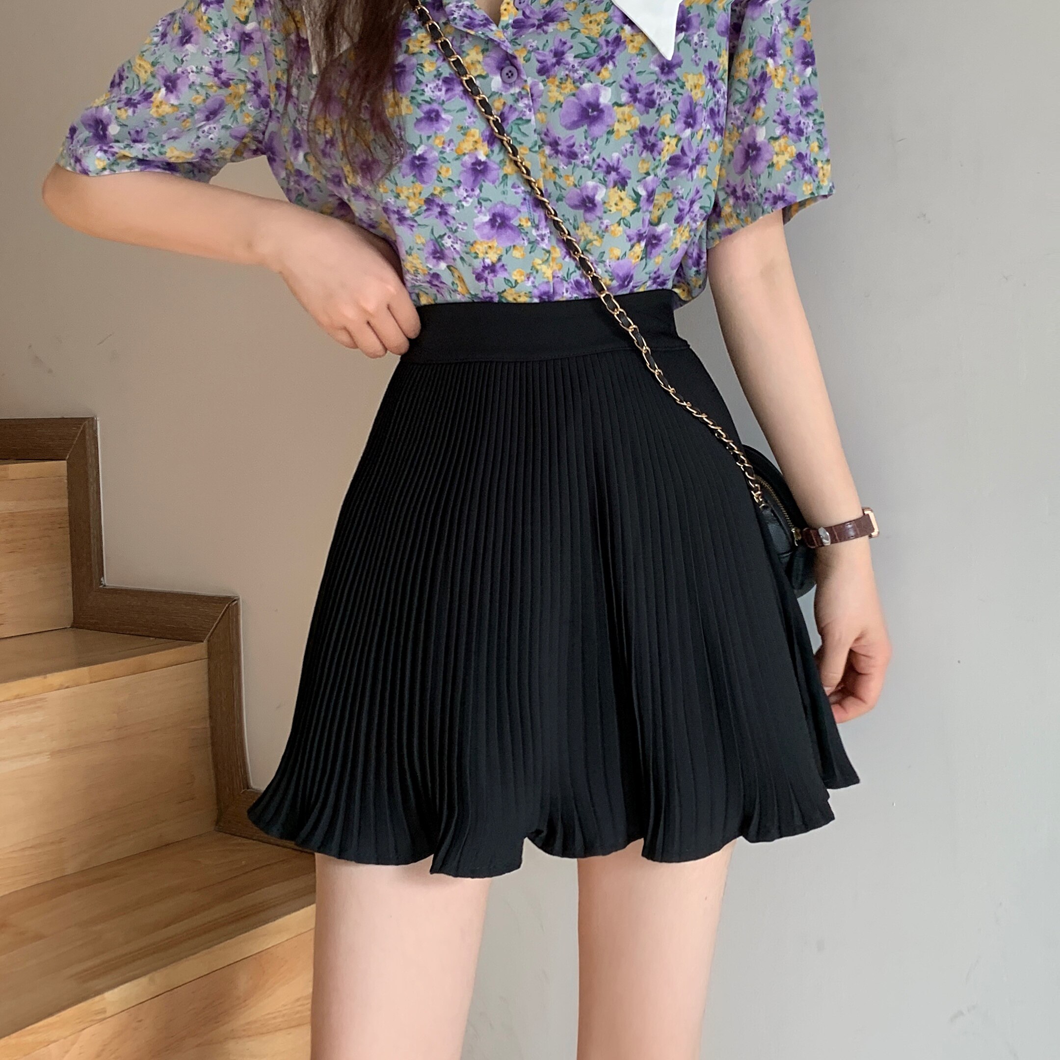 韩式百褶裙半身裙女2021春夏季新款高腰简约黑色半身裙