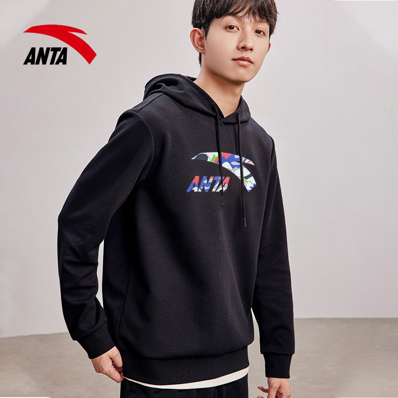 安踏连帽卫衣男生秋冬季新款圆领长袖套头黑色运动卫衣