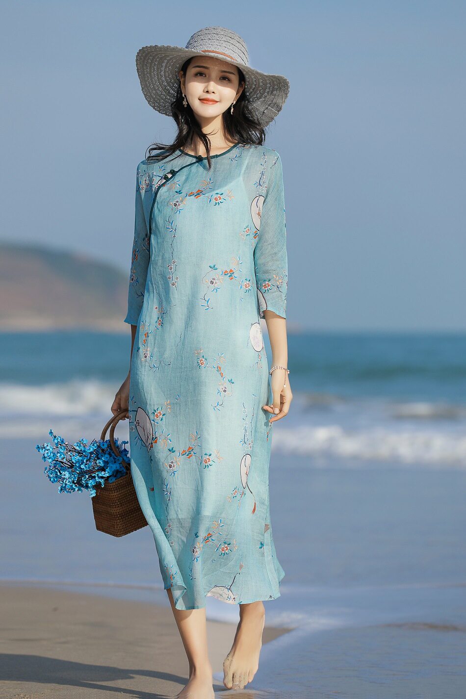 原创苎麻连衣裙高端印花长裙复古禅意意中国风连衣裙