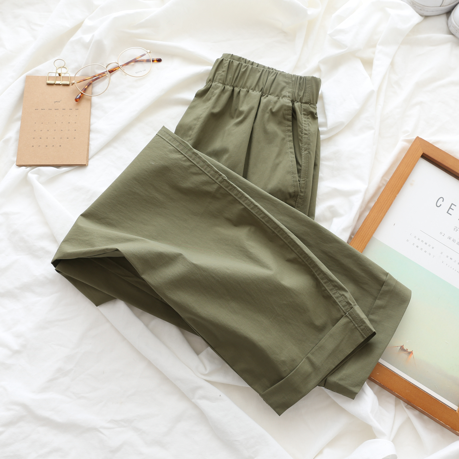 Miss菜头 凉爽面料 夏季必入 自留显瘦宽松军绿色工装裤女九分裤