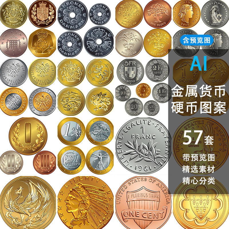 世界各国金属货币硬币金币图案花纹面值插画矢量图设计素材