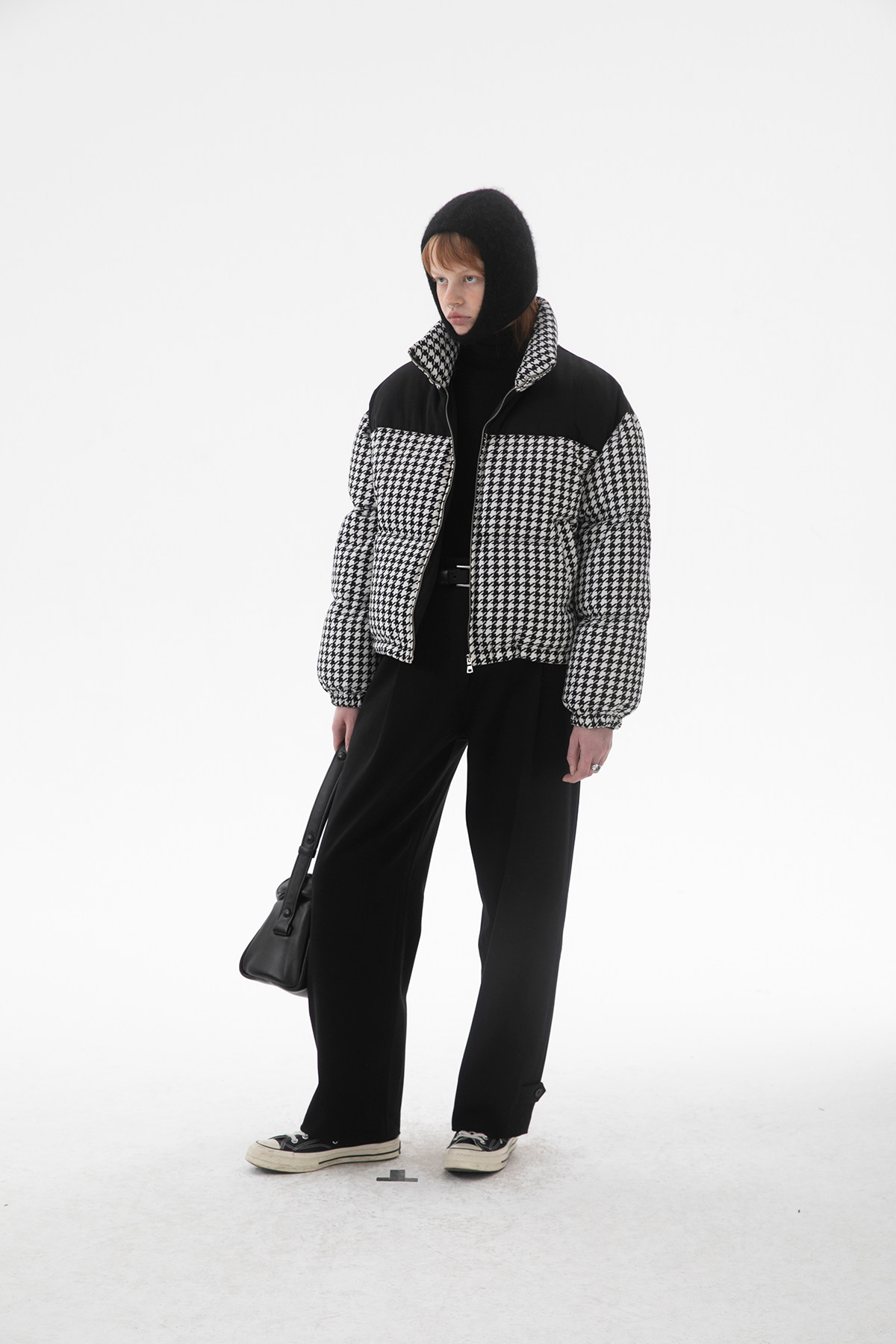 果核宇宙kernelcosmos21fw复古立领拼接千鸟格短款羽绒服外套