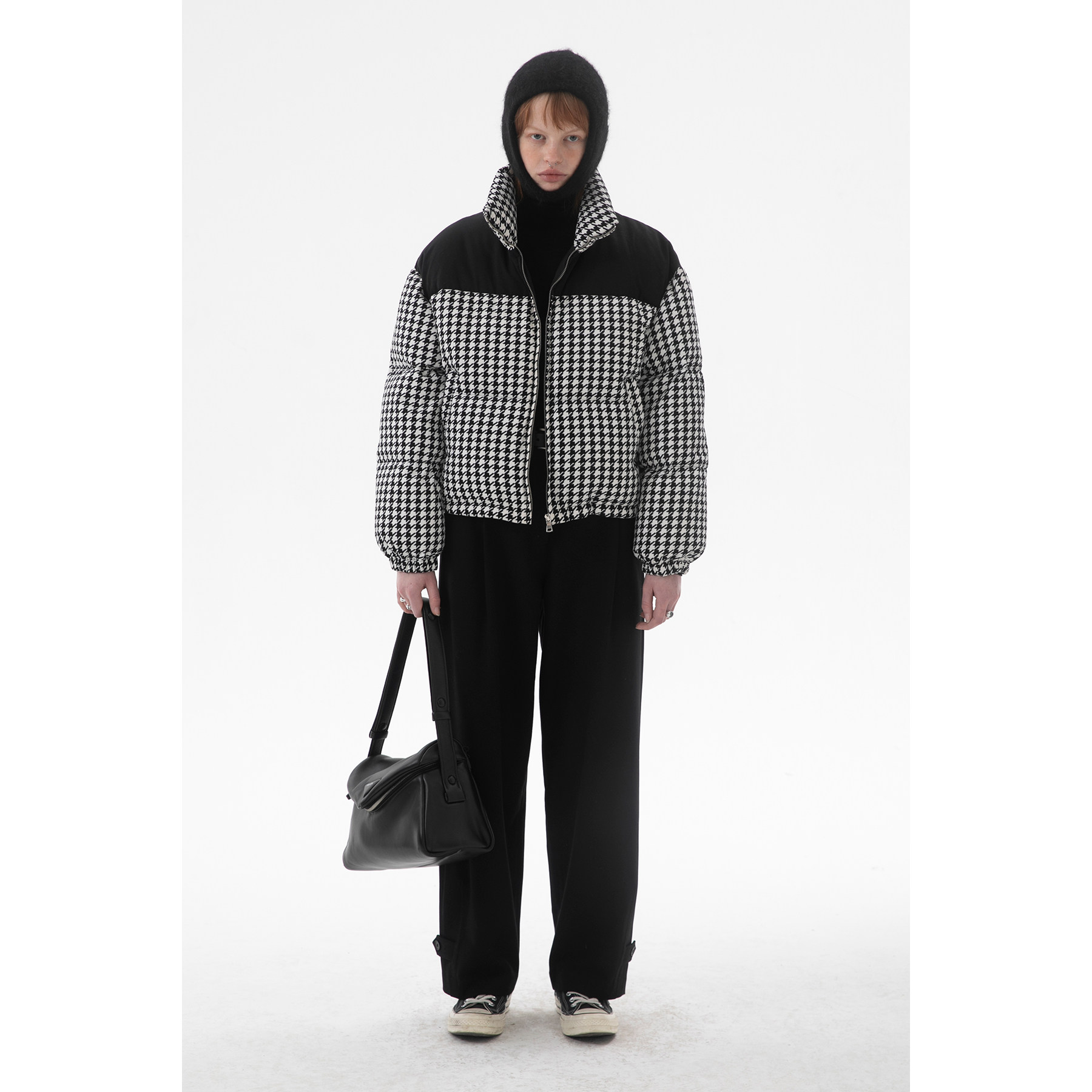 果核宇宙kernelcosmos21fw复古立领拼接千鸟格短款羽绒服外套