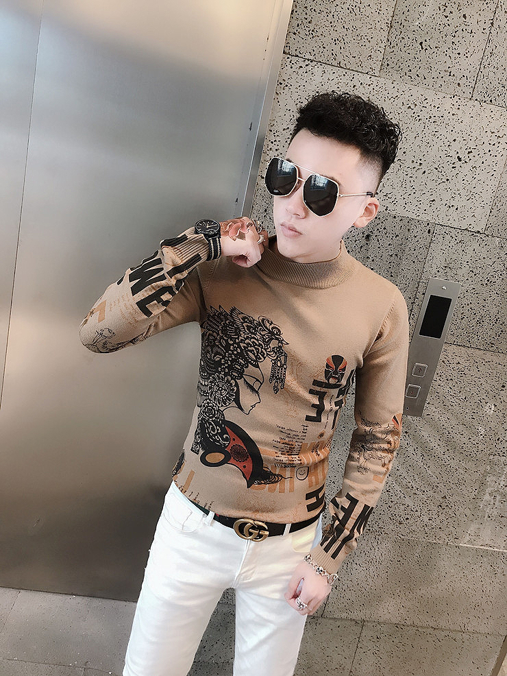 2021新款潮男帅气圆领打底毛衣男士冬季韩版潮流个性提花针织衫