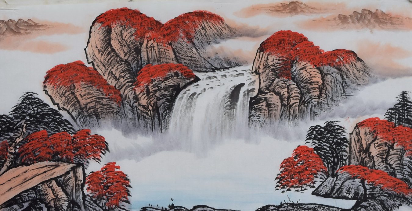 手绘山水鸿运当头国画客厅风水背景墙装饰字画三尺国画