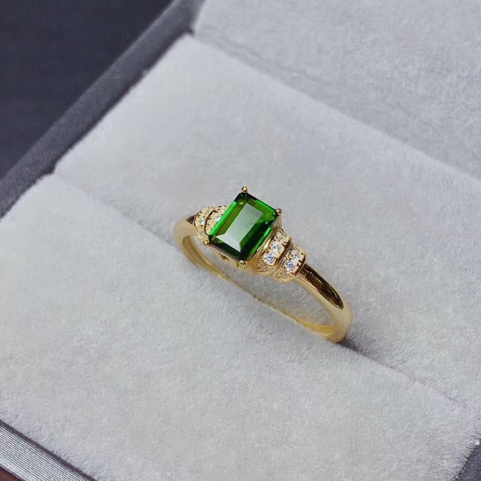 戒指银镶天然绿碧玺色透辉石长方形奶奶绿宝石祖母绿戒指