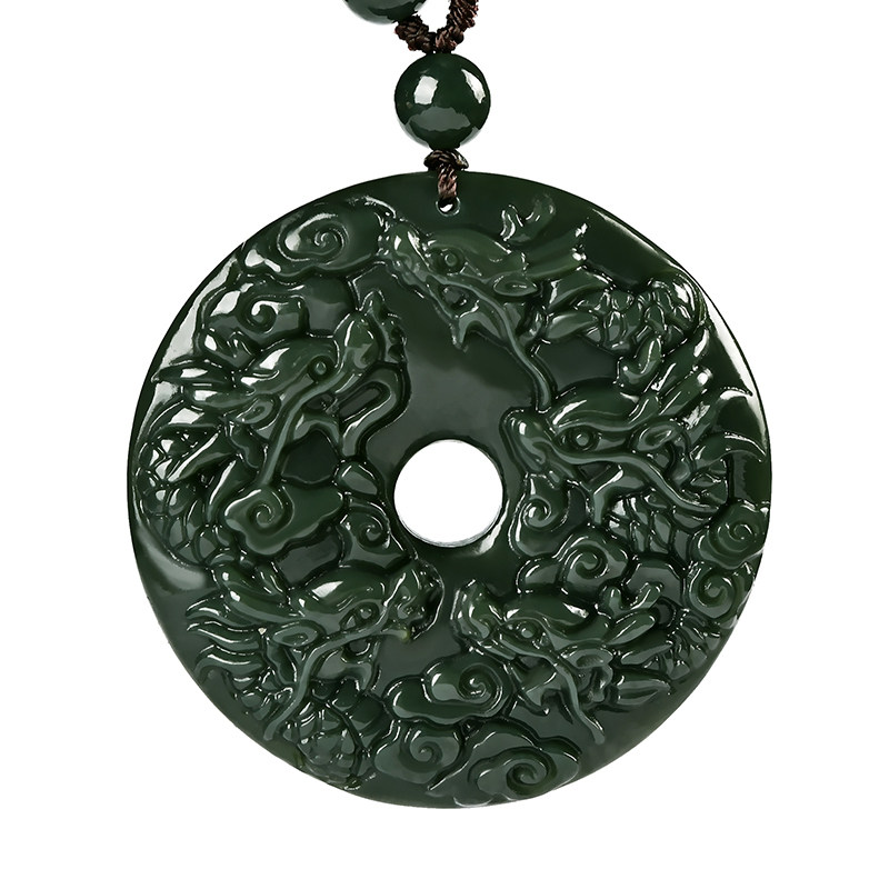 和田青玉九龙护主平安扣吊坠护身九龙壁圆形玉牌颈饰