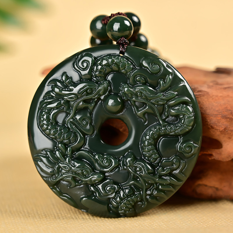 和田青玉九龙护主平安扣吊坠护身九龙壁圆形玉牌颈饰