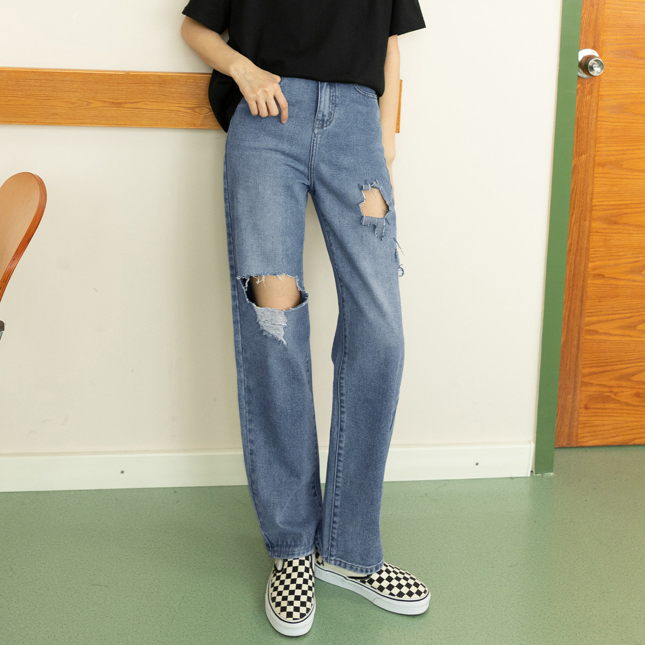 破洞牛仔裤女夏直筒宽松2021年新款小个子老爹设计牛仔裤