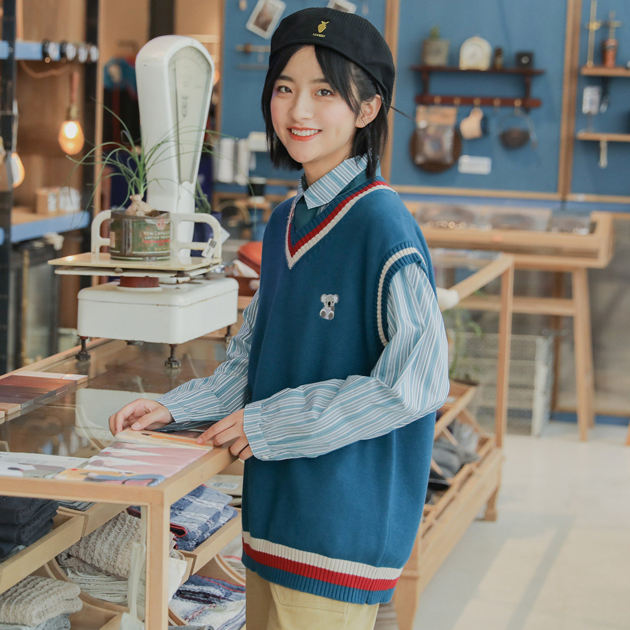 尔给v领古着软奶蓝毛衣女宽松韩版学生外穿学院风针织马甲背心秋
