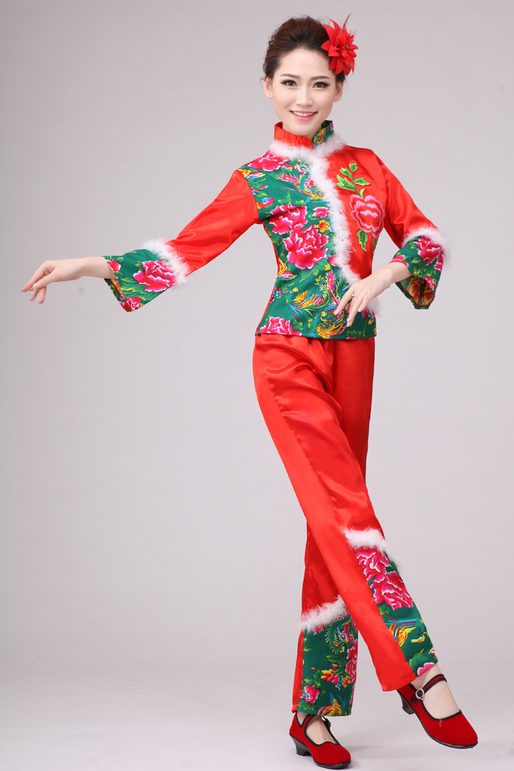 新款东北民族民族舞舞蹈花布大秧歌舞服装女中民族服装