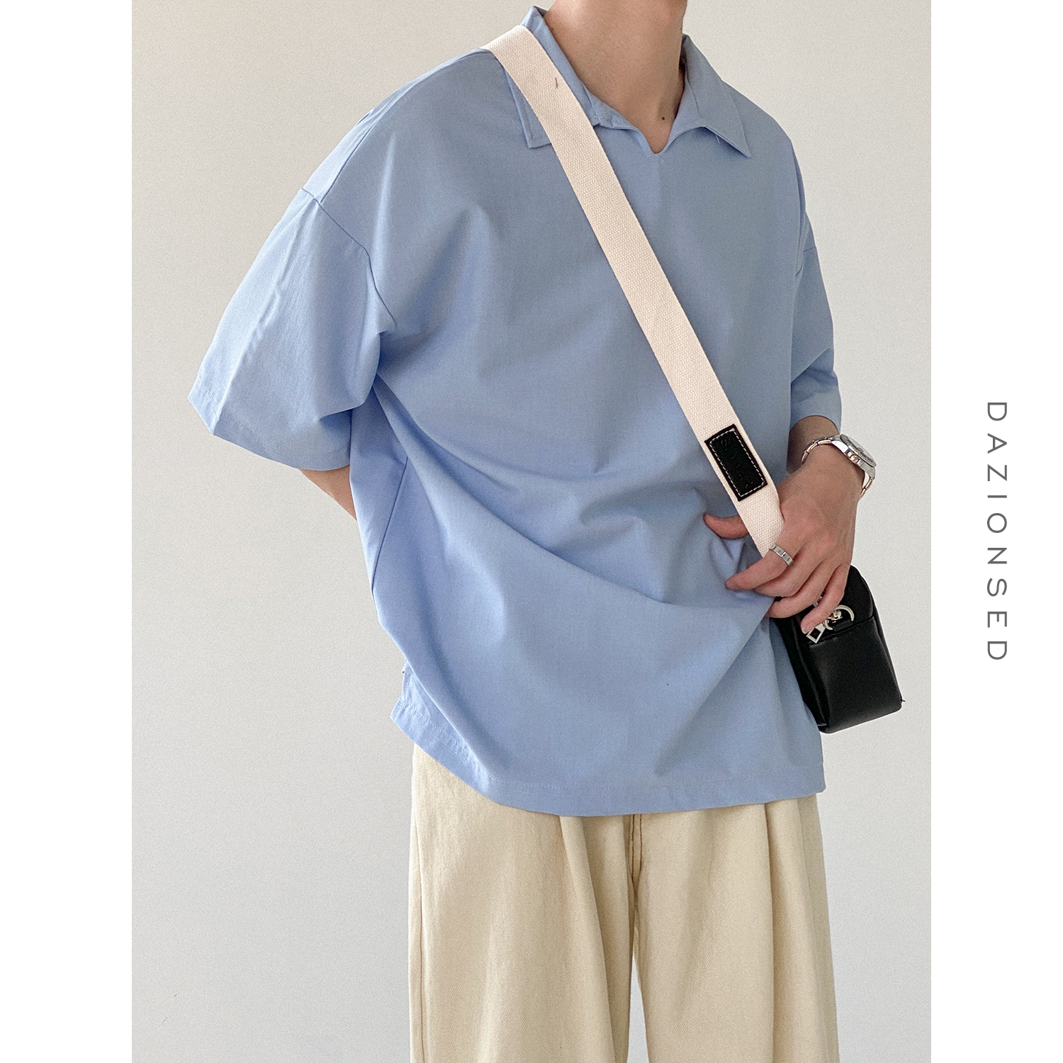 DAZO 短袖男POLO衫夏季宽松翻领T恤潮流百搭韩版五分袖上衣潮牌