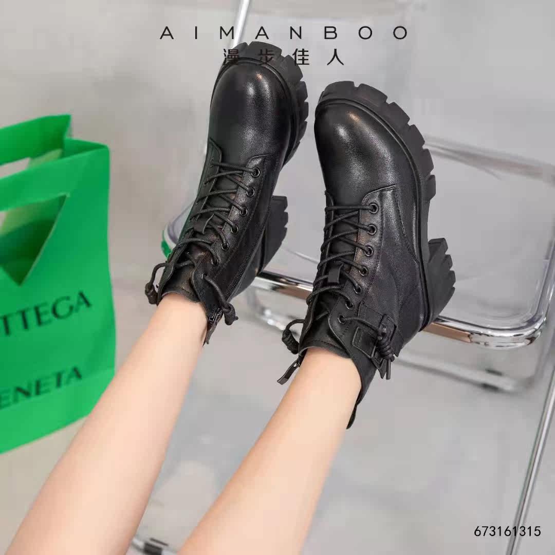 漫步佳人2021秋冬新款中跟粗跟显脚小系带马丁靴短靴1315薄绒时尚