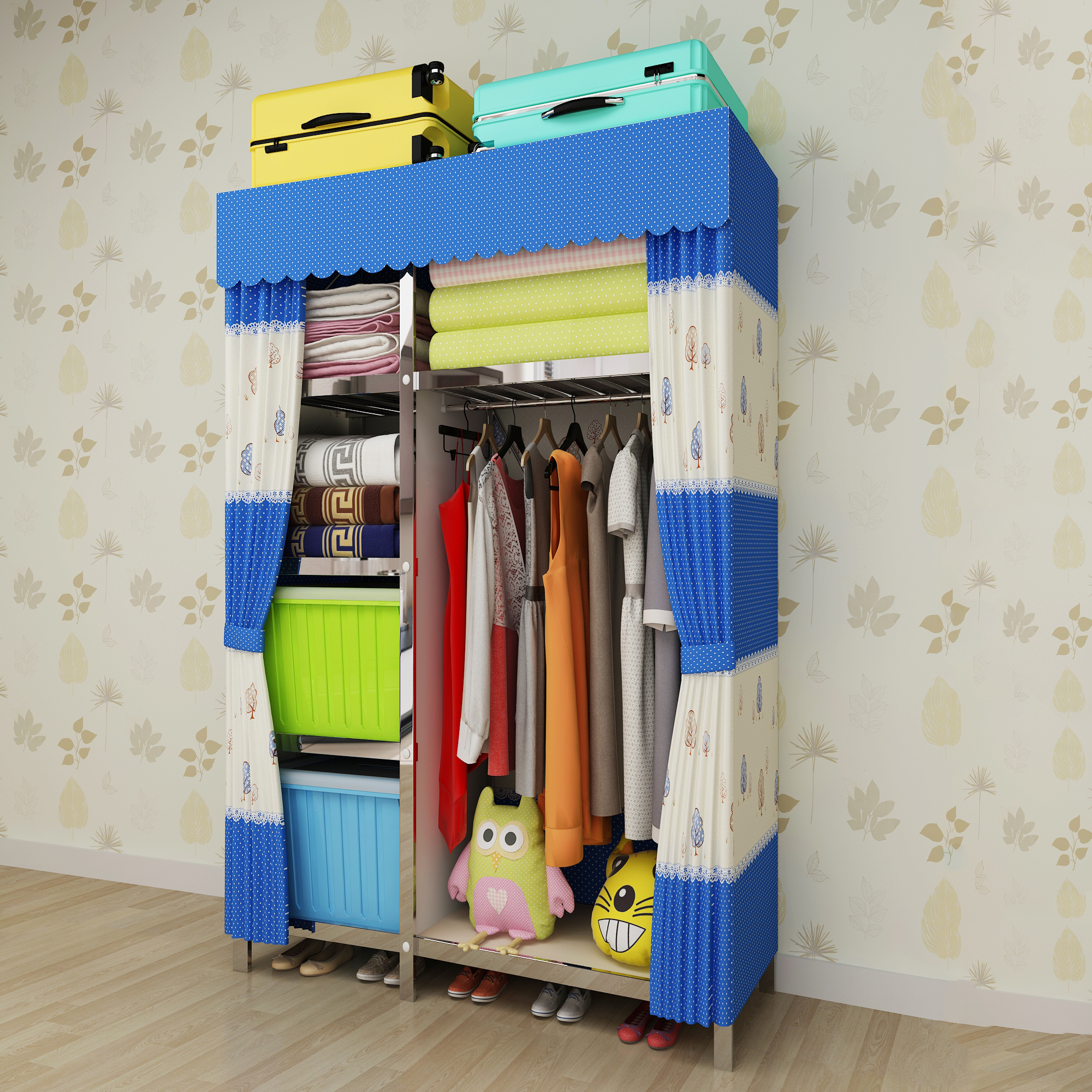 衣柜布衣柜宿舍组装钢架不锈钢布艺简易单人小号简易衣柜