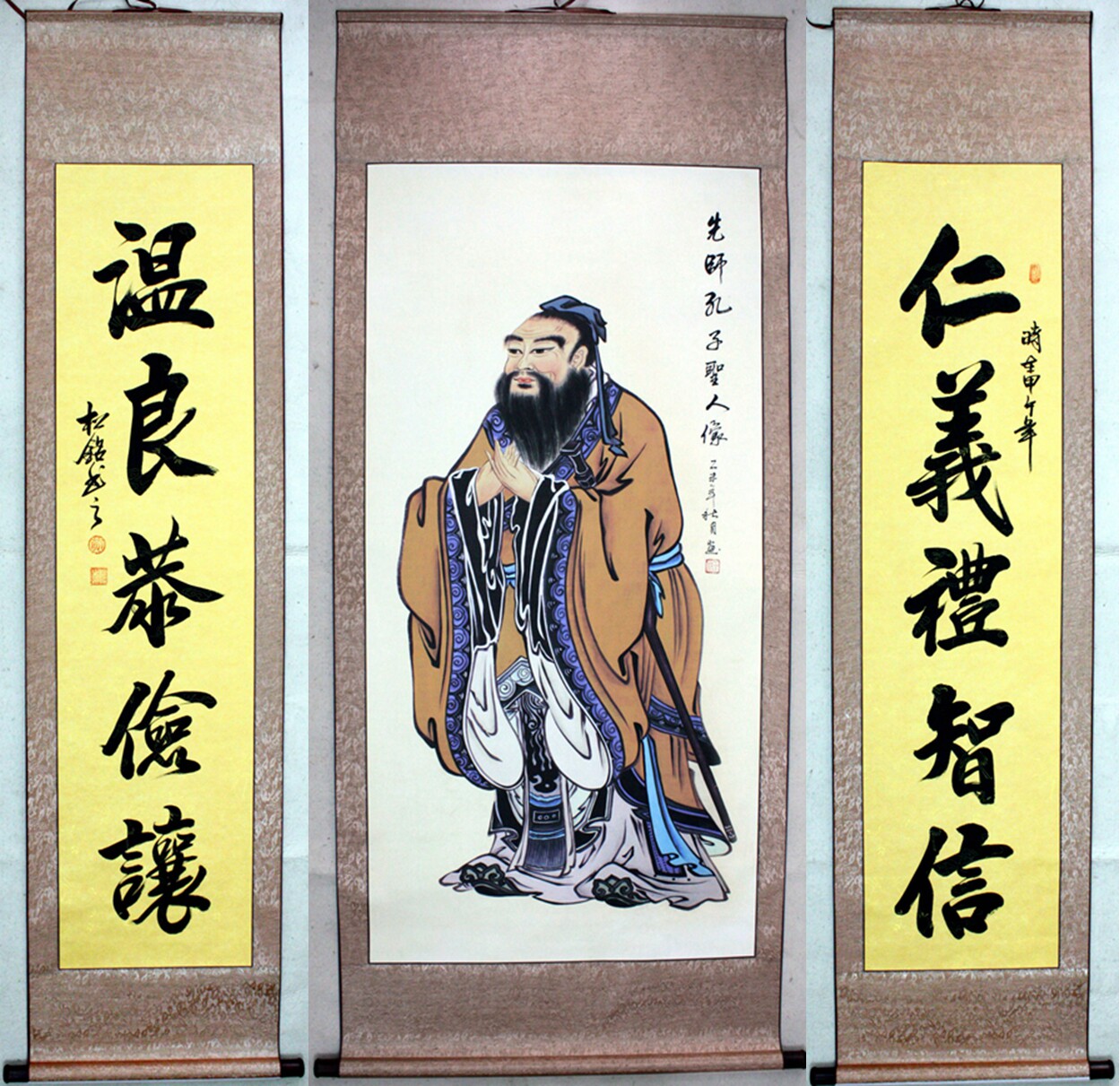 精装裱孔子画像对联挂图中堂 孔子行教像国学堂 中号绢布包邮