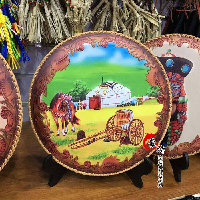 皮画蒙古草原旅游纪念品礼品皮摆台支架手提袋包邮可工艺画