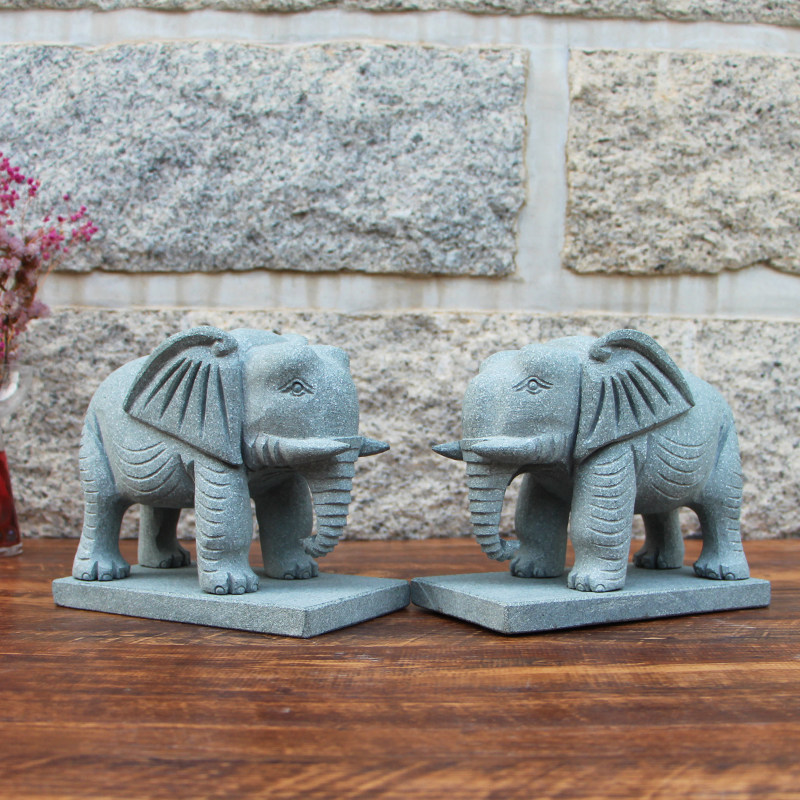 包邮镇石象石雕青石小象摆件一对招财石头公母石雕
