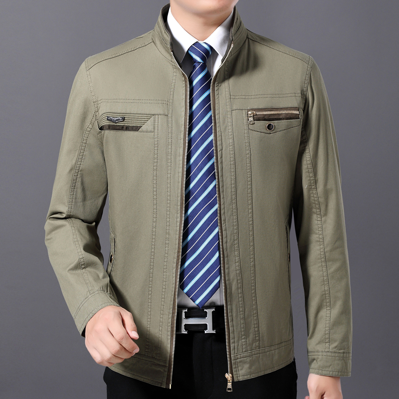 爸爸纯棉外套春秋季立领上衣中年男装秋装中老年人男士全棉夹克衫