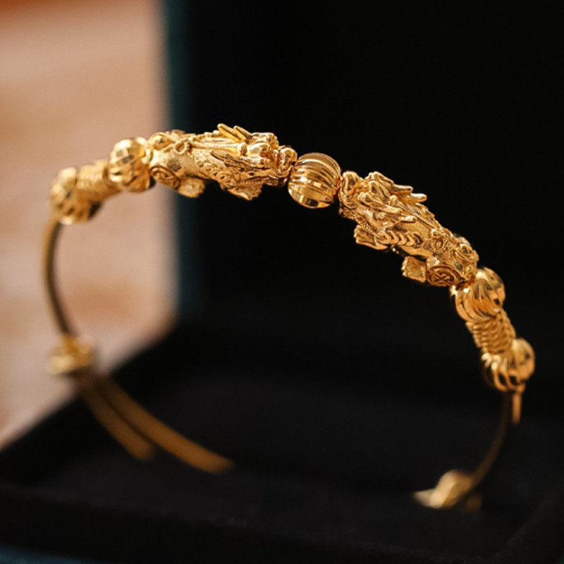 黄金推拉手镯转运貔貅龙凤手环足金镯子古法手饰