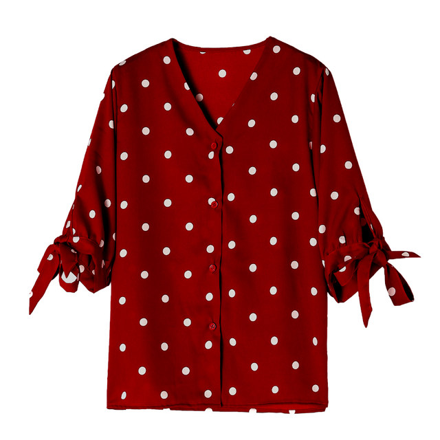 2020 new chiffon shirt women's summer ins polka dot V-neck sleeves retro western bow loose polka dot top 2020 new chiffon shirt women's summer ins polka dot V-neck sleeves retro western bow loose polka dot top