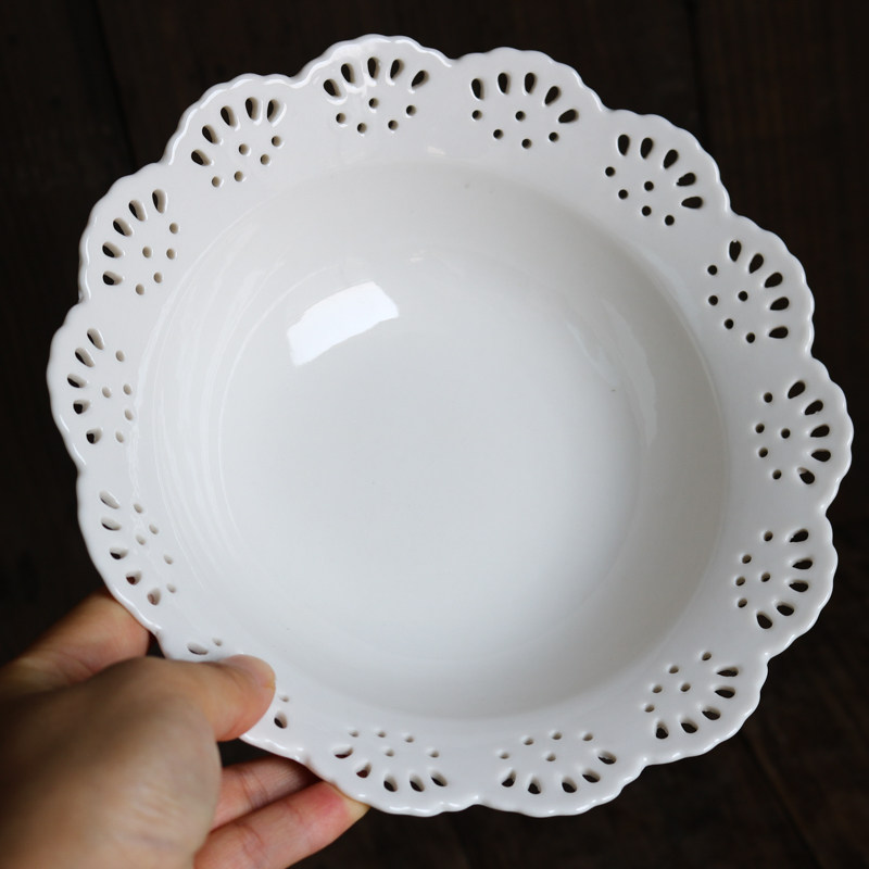 w1962出口欧洲白色陶瓷蕾丝蕾丝花花边镂空椭圆深碗盘