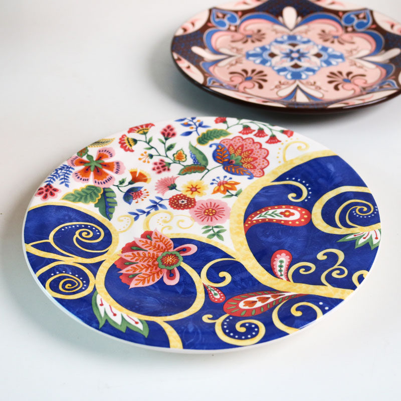 w1962出口美国高温釉下彩色传统图案花卉装饰沙拉盘