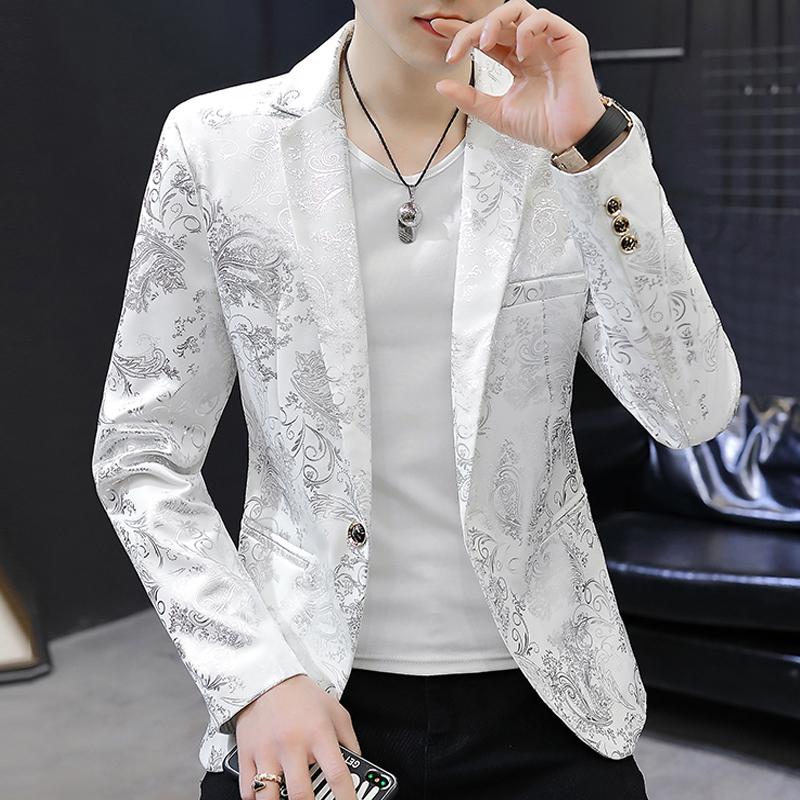 富贵鸟男士韩版修身花西服烫金春秋潮流休闲小西装印花礼服潮外套