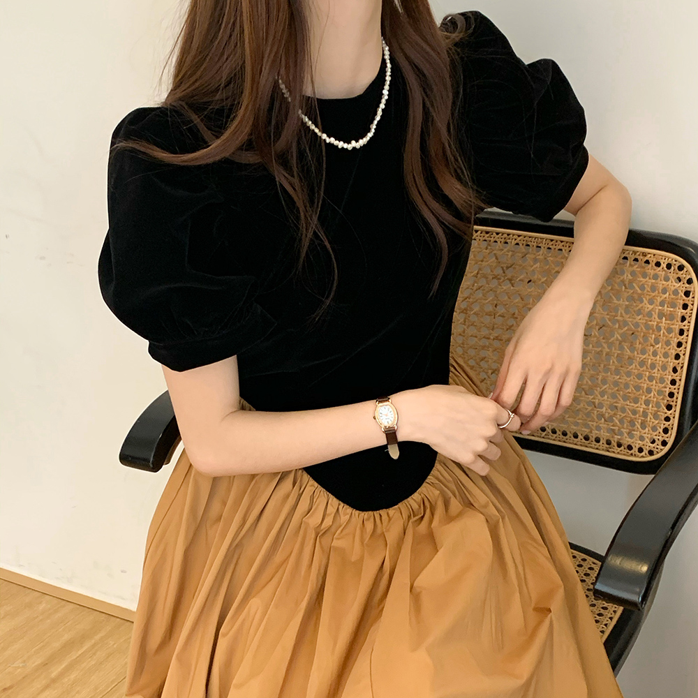 韩国chic夏季法式复古宫廷风泡泡袖丝绒长裙子高腰气质短袖连衣裙