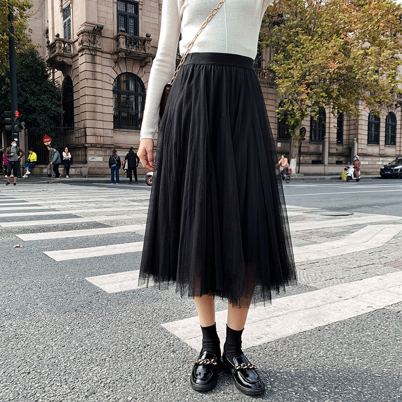 网纱半身裙女 2020年秋冬新款黑色a字雪纺仙女裙高腰中长款百褶裙