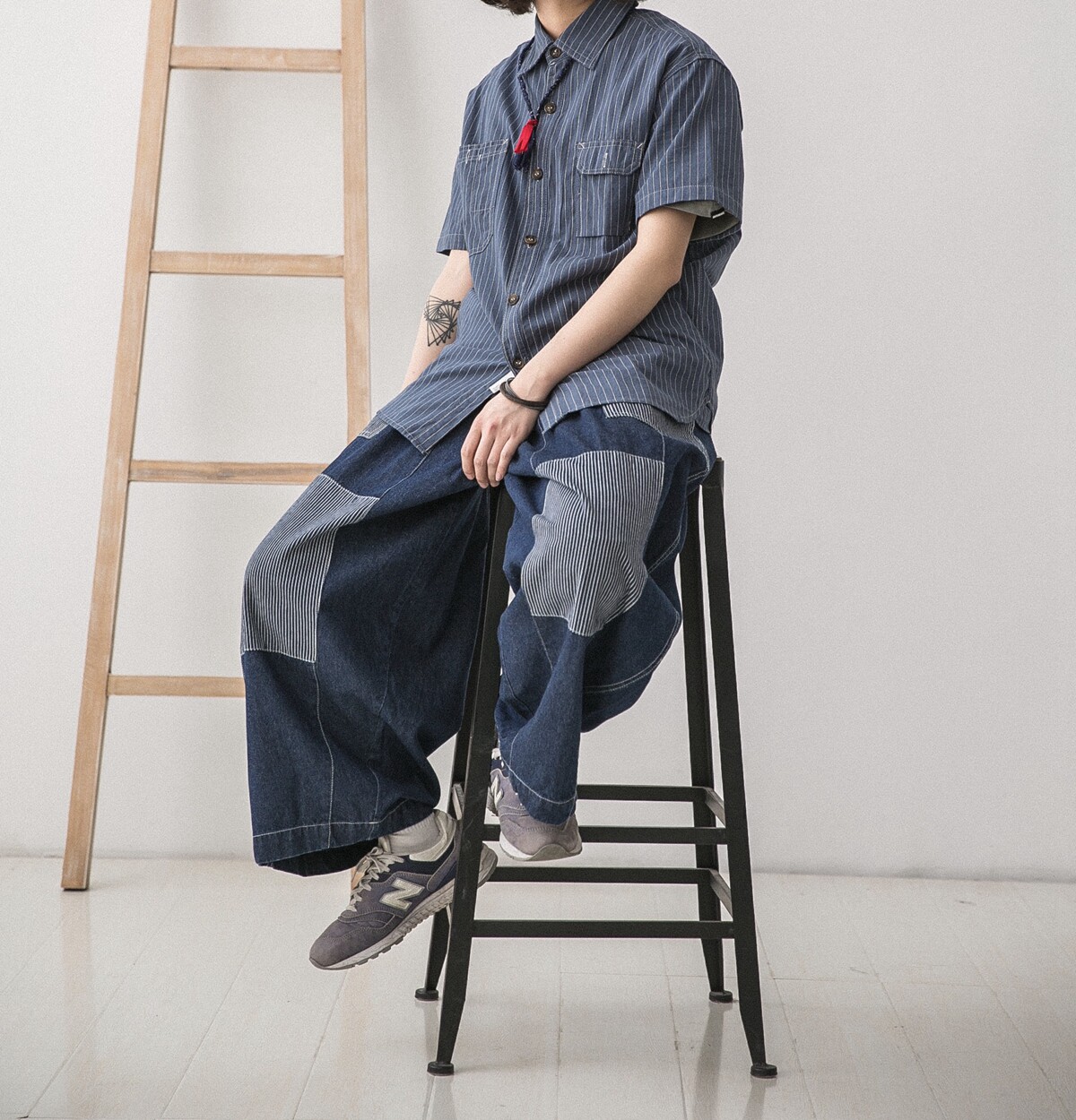 20ss日系复古90年代拼布盐系水洗牛仔阔腿松紧休闲裤