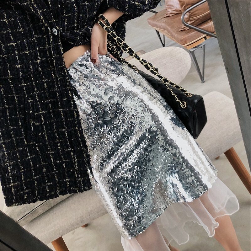 网红推荐银色亮片裙子半身夏天2022年新款中长半身裙