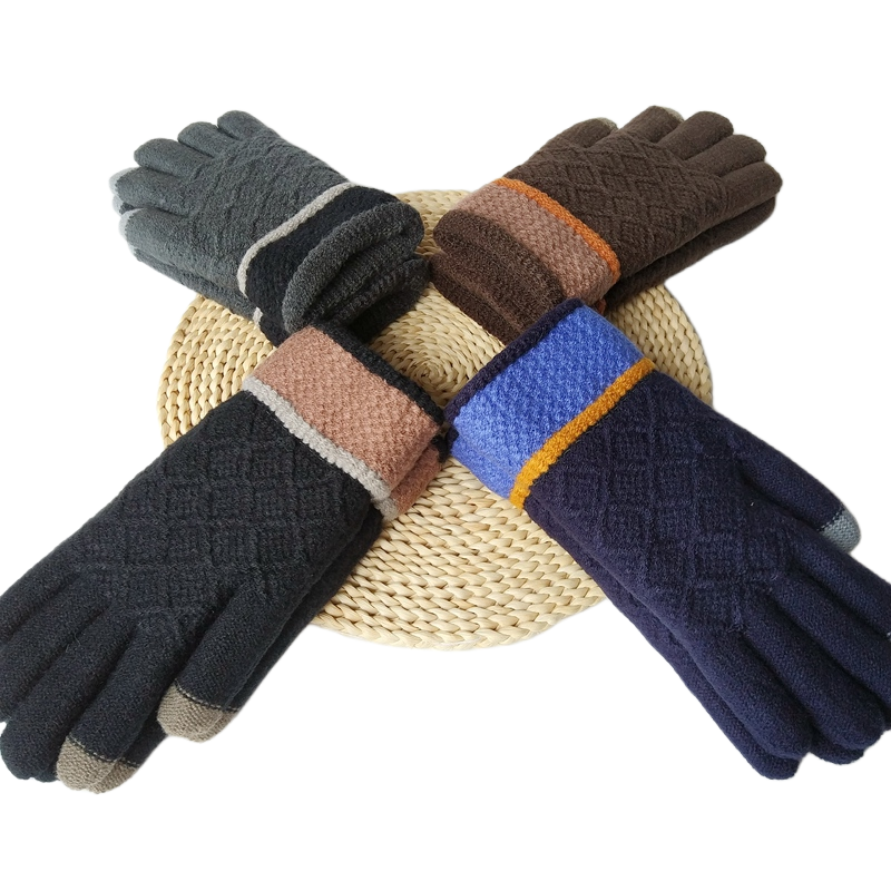 秋冬潮男毛线针织双层加绒加厚保暖触屏户外手套