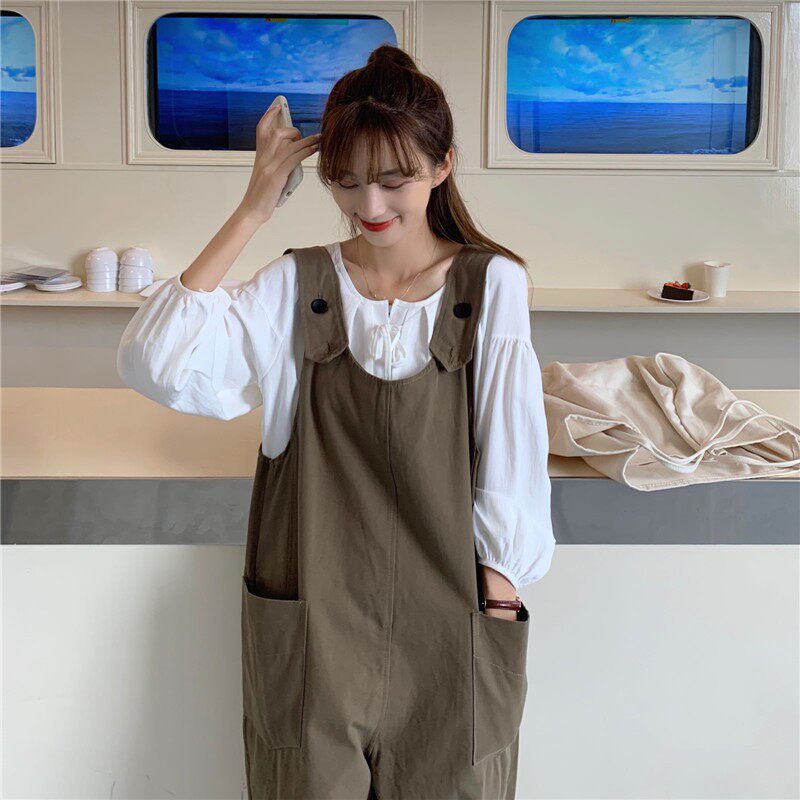 休闲慵懒风背带裤女韩版宽松2020新款时尚秋冬百搭卡其色阔腿裤