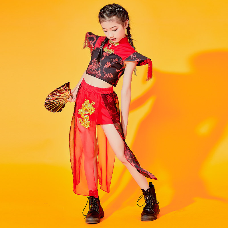 中国国风走秀女童霸气潮儿童演出服服装国潮模特儿童演出服