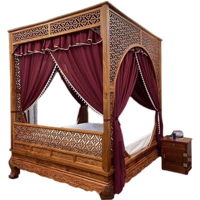 中式仿明清月洞拔步架子床仿真丝红色柔肤花边床幔