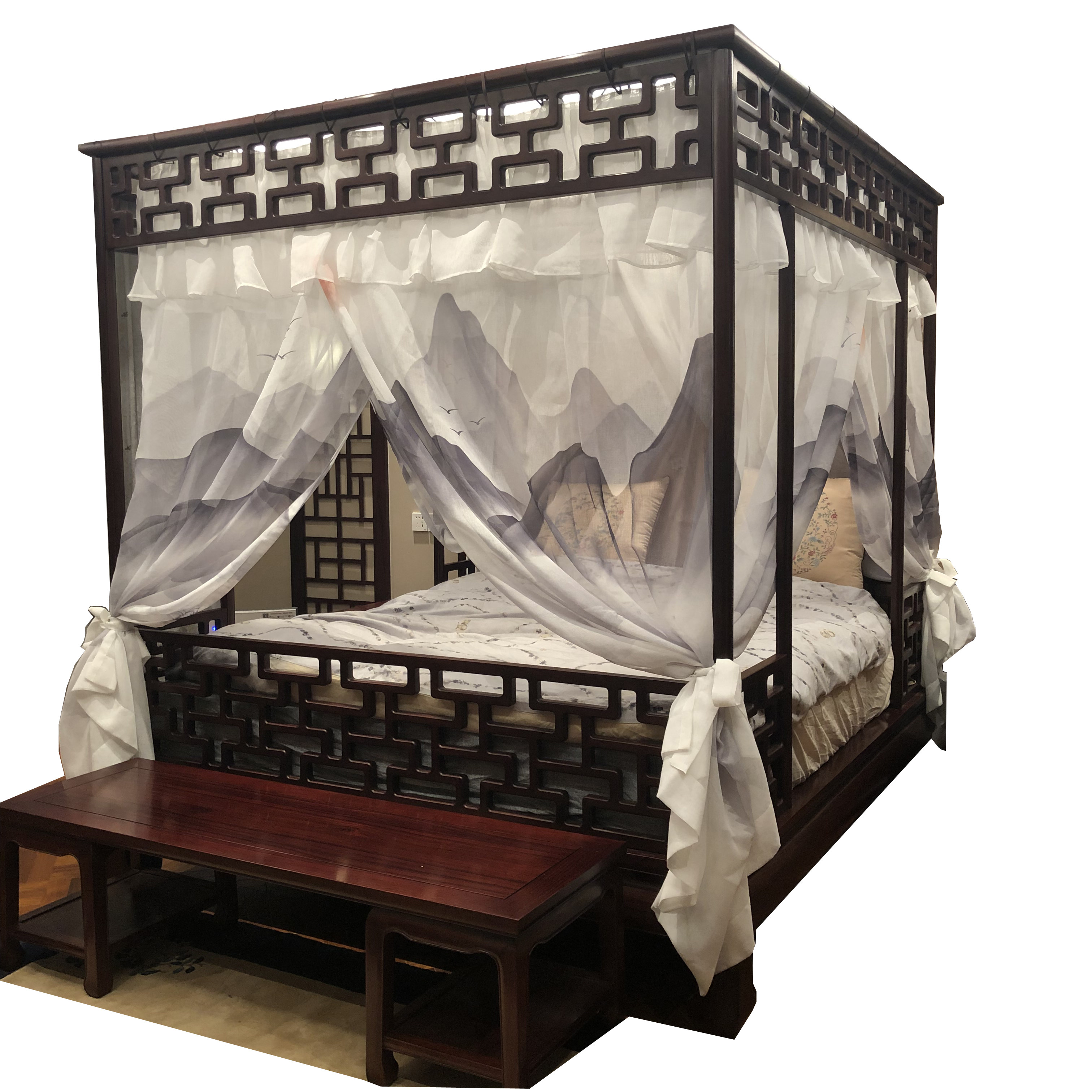 中式手绘蚊帐床幔防蚊山水水墨明清新中式民宿床幔