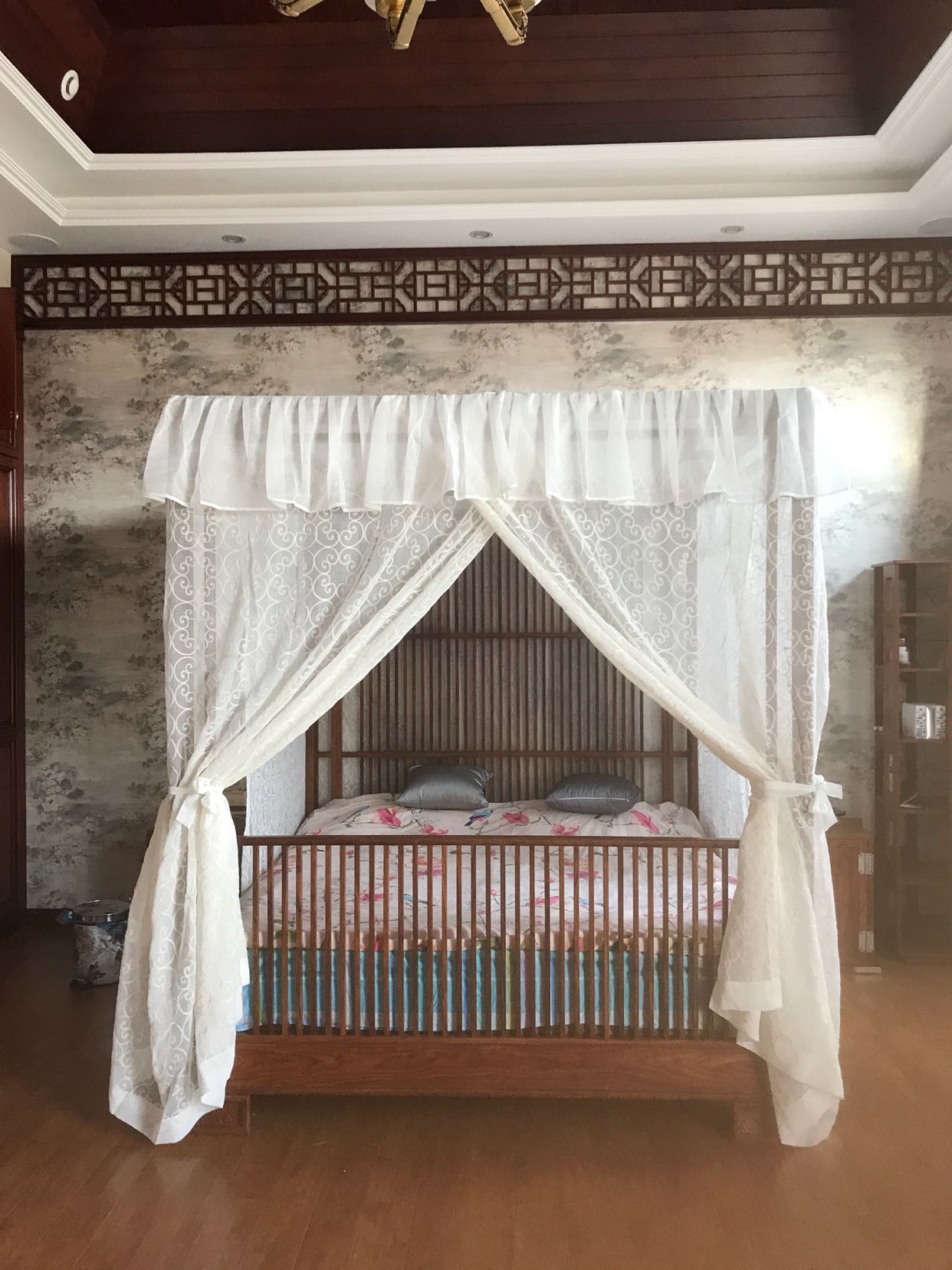 花梨木刺猬紫檀新中式架子床定制白色棉麻整体防蚊款式绣花床幔纱