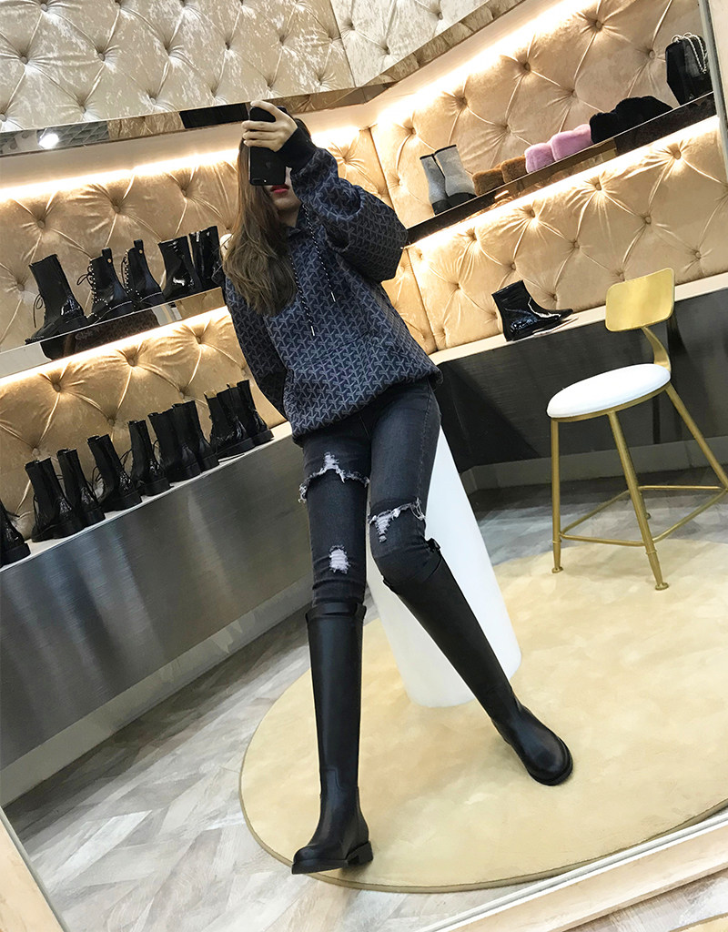 平底长靴女冬不过膝骑士靴中筒高筒靴2018新款显瘦加绒长筒靴军靴