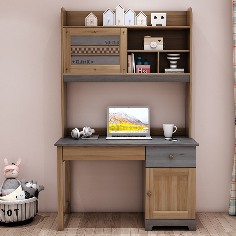 美式实木直角书桌电脑桌儿童书架一体家用书房电脑桌