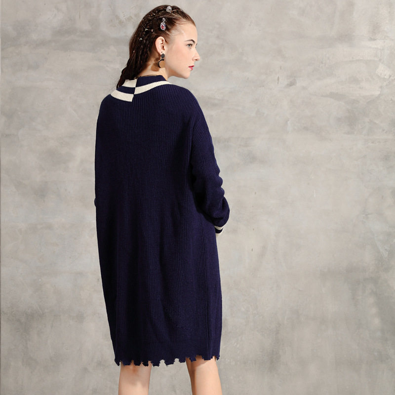 阿卡女装2022春装新款宽松针织复古撞色大码连衣裙