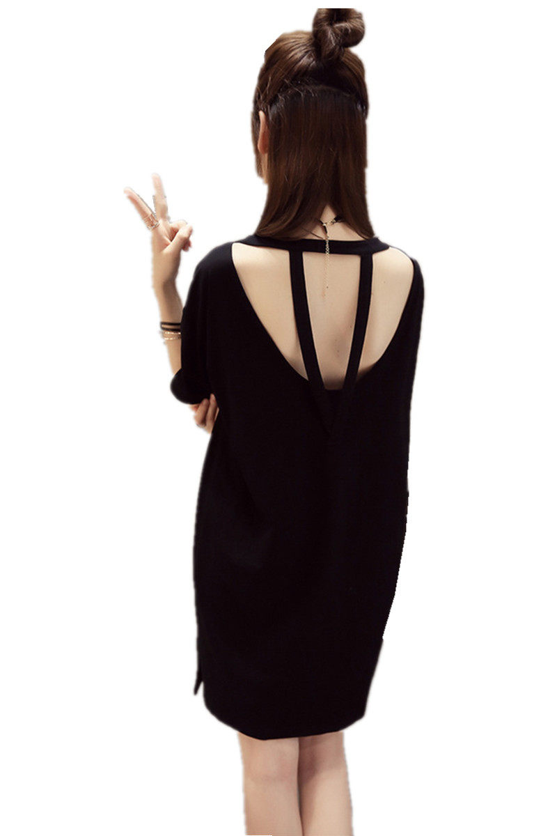 夏季韩版个性中长款性感露背t恤女纯棉大码胖mm短袖休闲宽松上衣